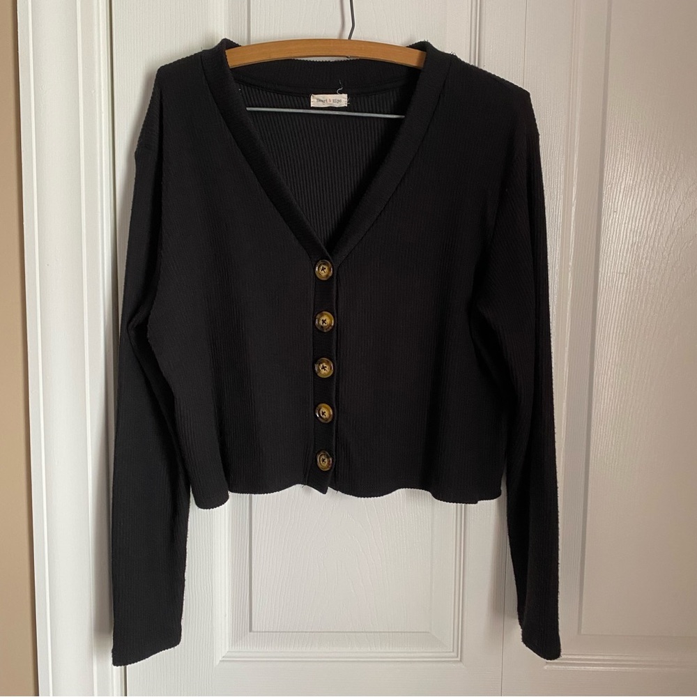 Heart Hips Black Ribbed Knit Cardigan Sweater Top L Fall Office Casual Chic